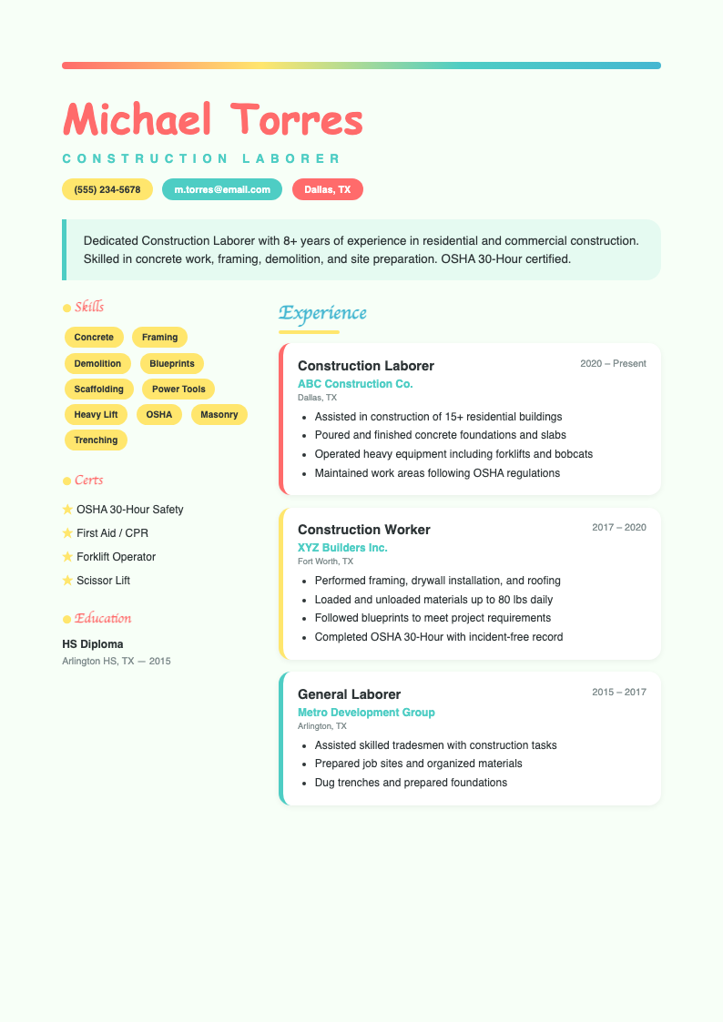 Playful Colorful construction laborer resume